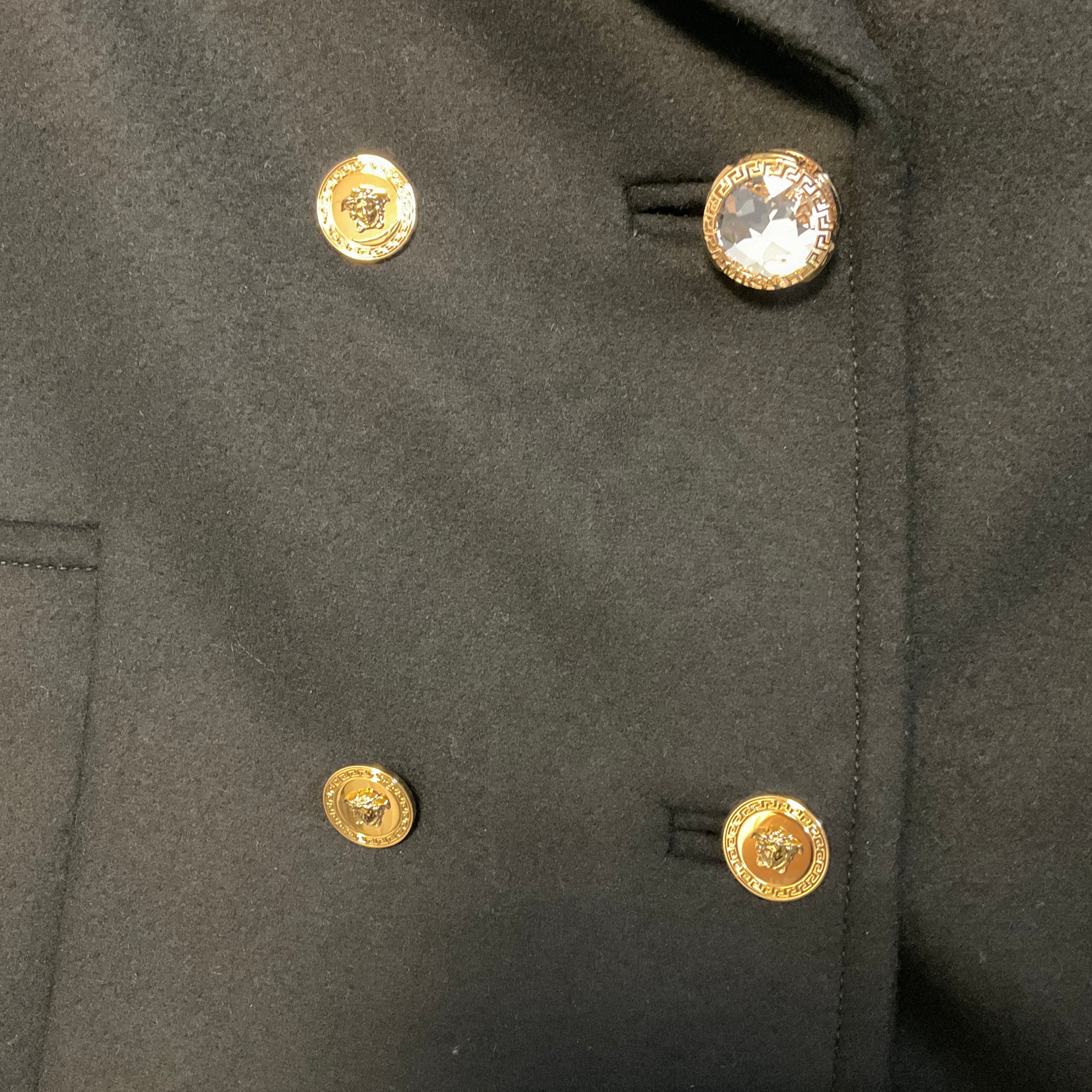 Versace Black Double Breasted Wool Pea Coat with Gold Medusa Medallion and Crystal Buttons