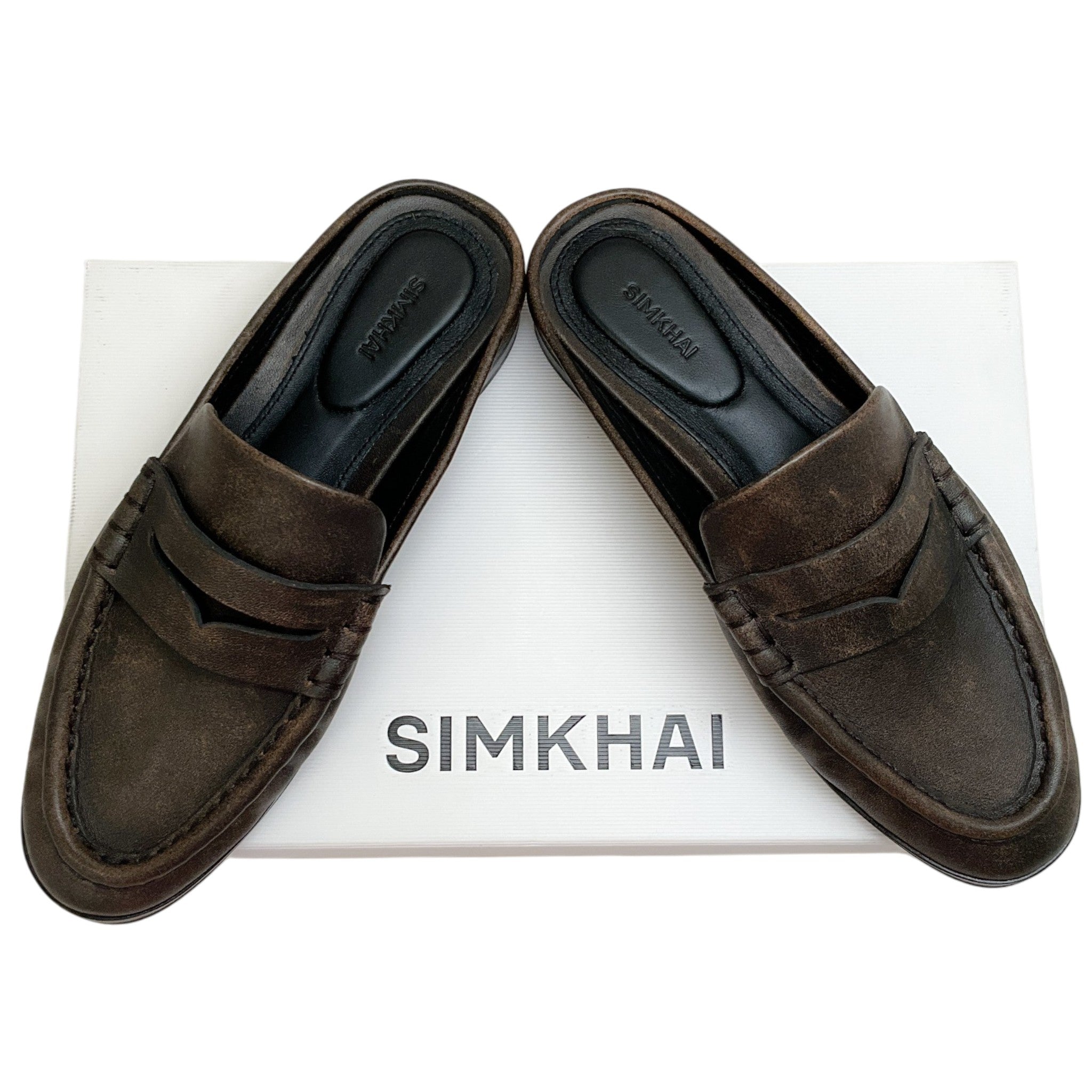 Simkhai Distressed Chocolate Leather Loafer Mules