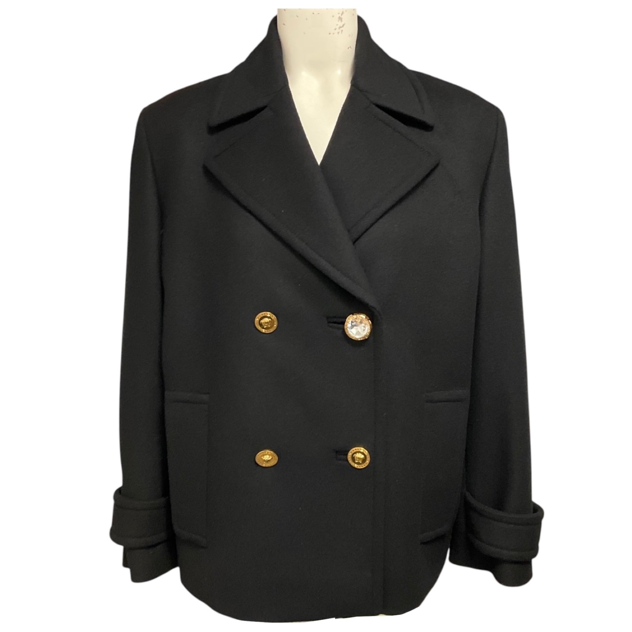 Versace Black Double Breasted Wool Pea Coat with Gold Medusa Medallion and Crystal Buttons