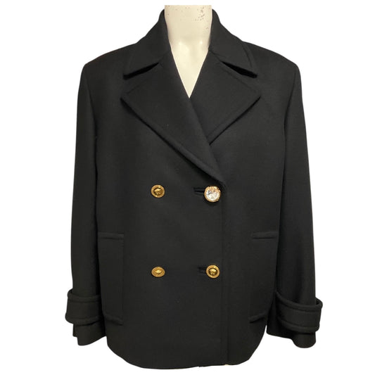 Versace Black Double Breasted Wool Pea Coat with Gold Medusa Medallion and Crystal Buttons