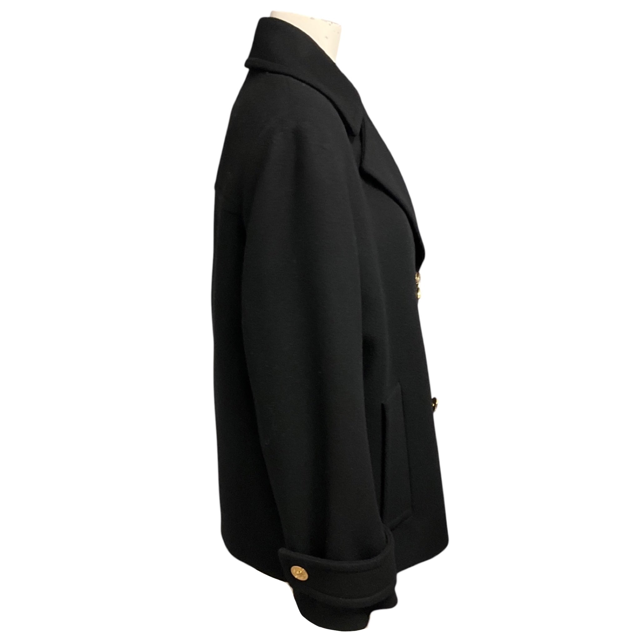 Versace Black Double Breasted Wool Pea Coat with Gold Medusa Medallion and Crystal Buttons