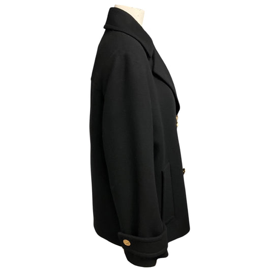 Versace Black Double Breasted Wool Pea Coat with Gold Medusa Medallion and Crystal Buttons