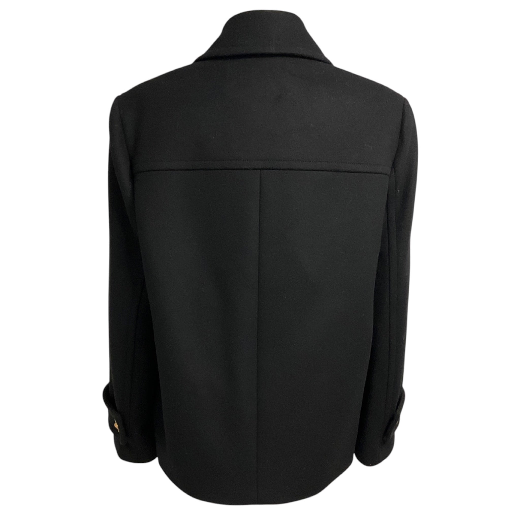 Versace Black Double Breasted Wool Pea Coat with Gold Medusa Medallion and Crystal Buttons