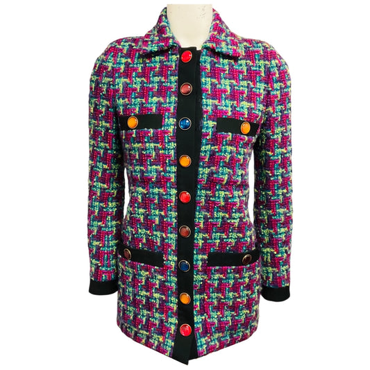Saint Laurent Purple / Magenta / Green Multi Houndstooth Patterned Wool and Mohair Tweed Jacket with Stone Buttons
