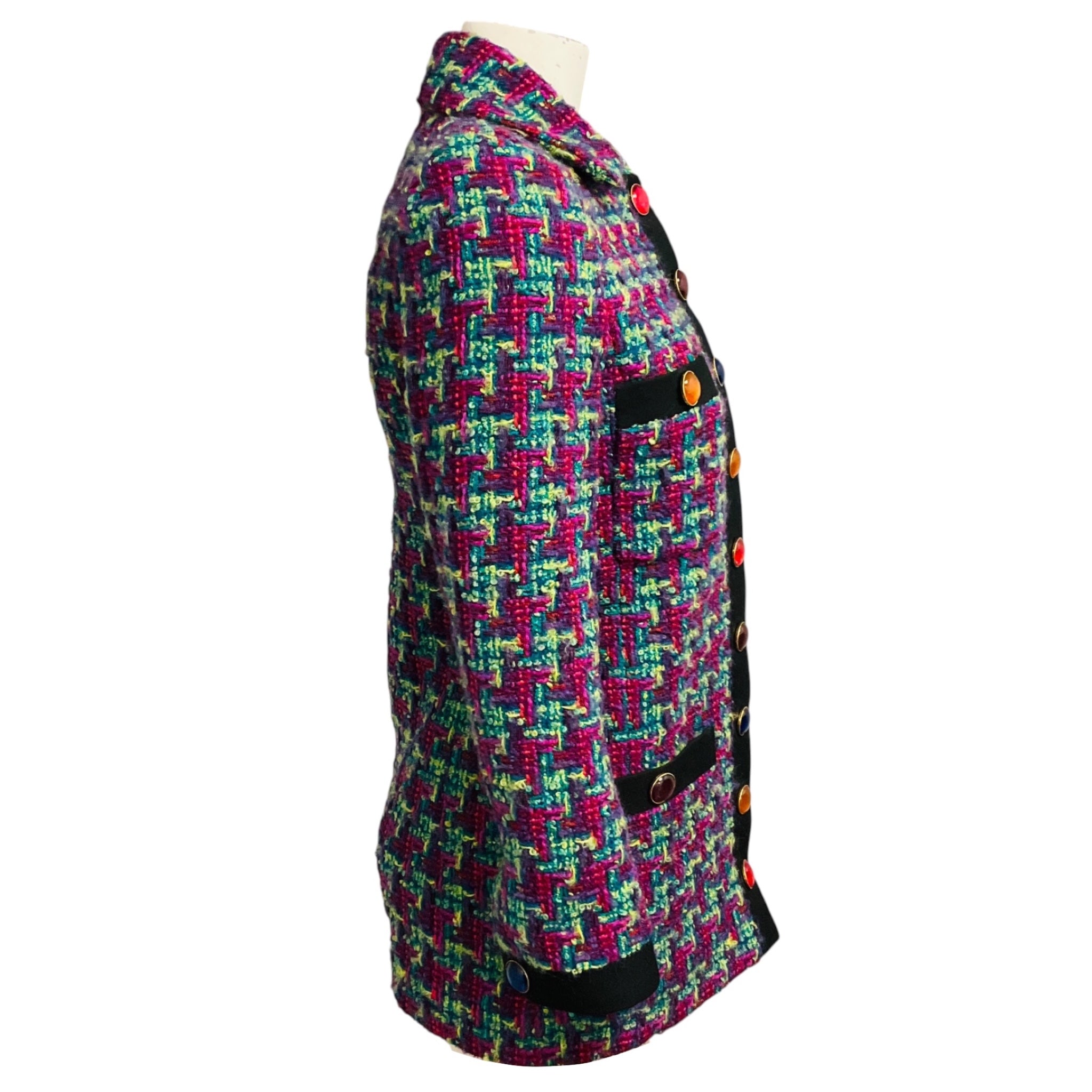 Saint Laurent Purple / Magenta / Green Multi Houndstooth Patterned Wool and Mohair Tweed Jacket with Stone Buttons