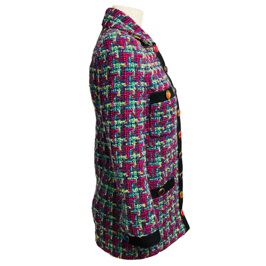 Saint Laurent Purple / Magenta / Green Multi Houndstooth Patterned Wool and Mohair Tweed Jacket with Stone Buttons