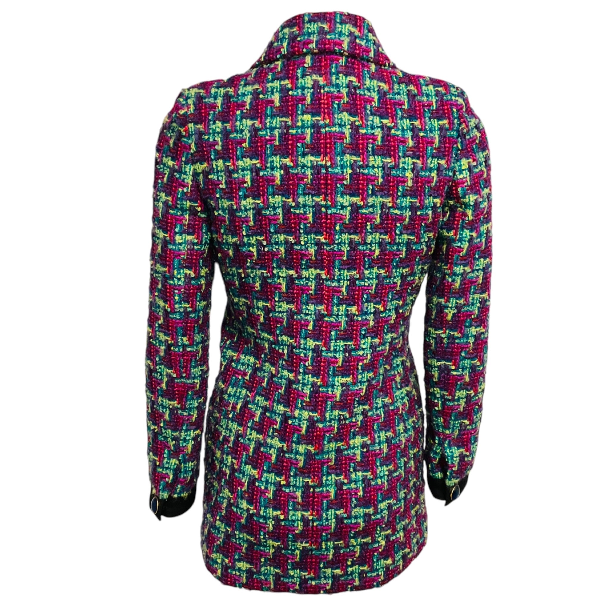 Saint Laurent Purple / Magenta / Green Multi Houndstooth Patterned Wool and Mohair Tweed Jacket with Stone Buttons