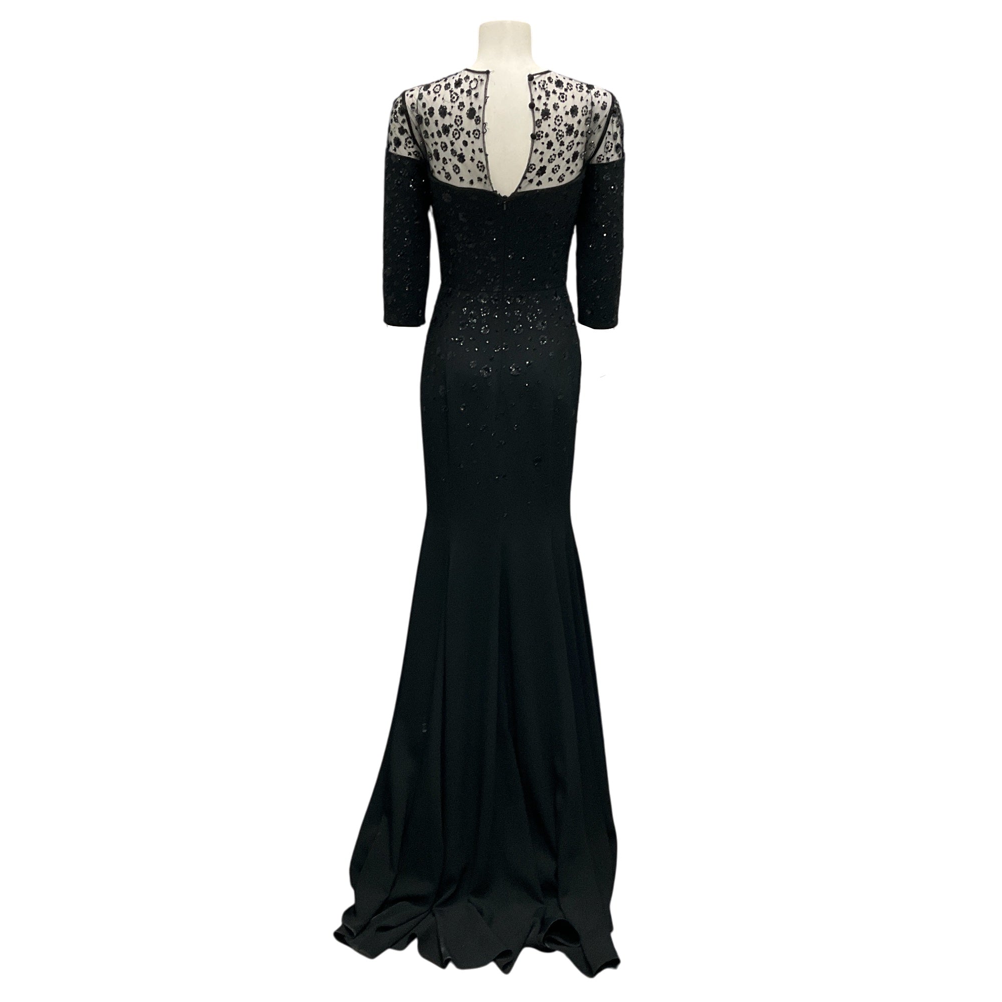 Carolina Herrera Black Sequined and Beaded Mesh Tulle Detail Crepe Gown / Formal Dress