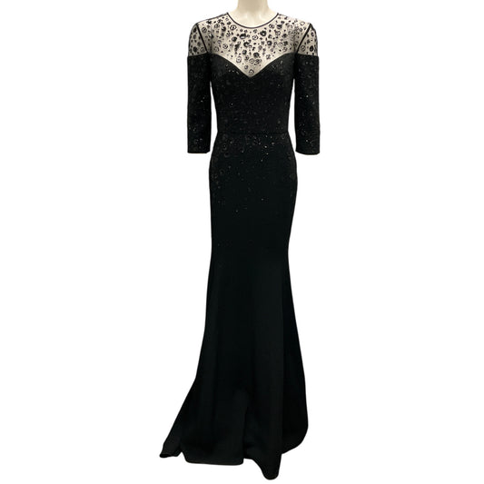 Carolina Herrera Black Sequined and Beaded Mesh Tulle Detail Crepe Gown / Formal Dress