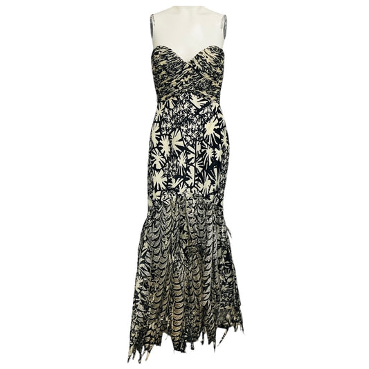 Oscar de la Renta Black / Ivory Feather Embellished Strapless Printed Silk Gown / Formal Dress