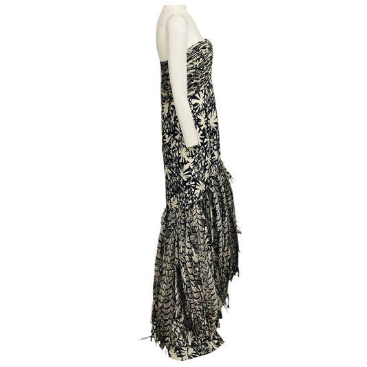 Oscar de la Renta Black / Ivory Feather Embellished Strapless Printed Silk Gown / Formal Dress