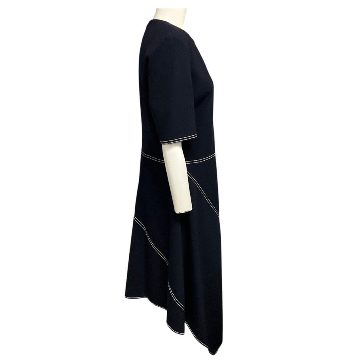 Stella McCartney Navy Blue / White Contrast Stitching Short Sleeved Asymmetric Hem Midi Dress