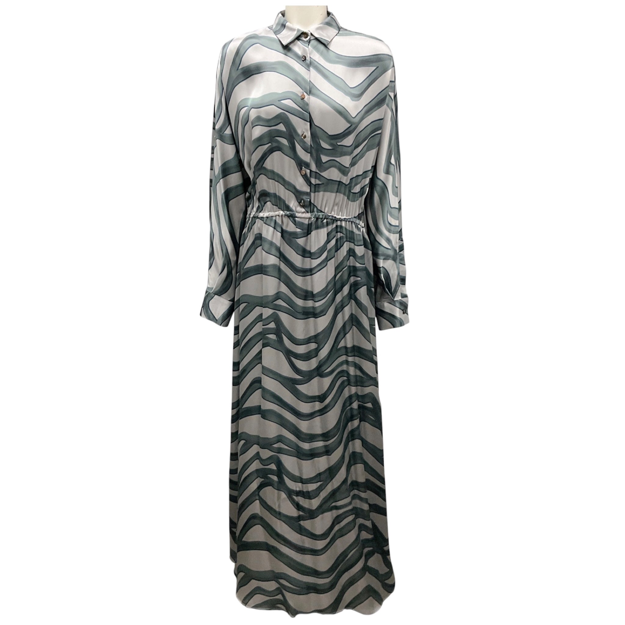 Kiton Grey / Green / Blue Printed Long Sleeved Silk Maxi Dress