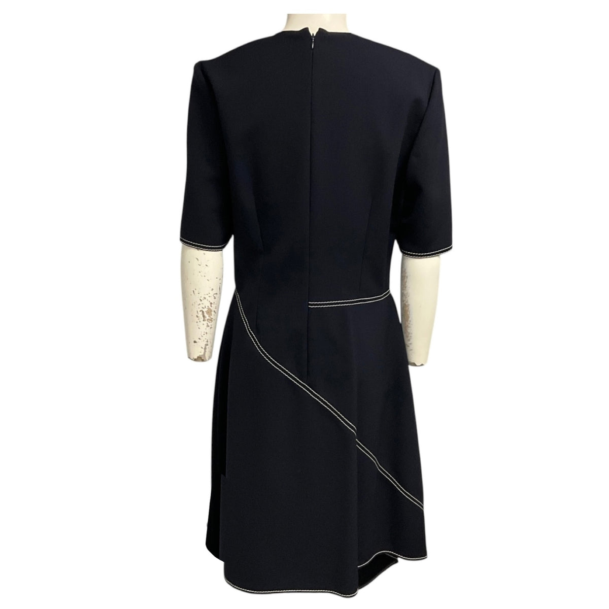 Stella McCartney Navy Blue / White Contrast Stitching Short Sleeved Asymmetric Hem Midi Dress