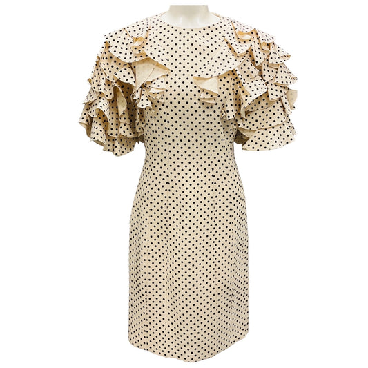 Valentino Ivory / Black Ruffled Polka Dot Print Crepe Cocktail Dress