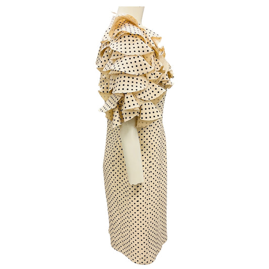 Valentino Ivory / Black Ruffled Polka Dot Print Crepe Cocktail Dress