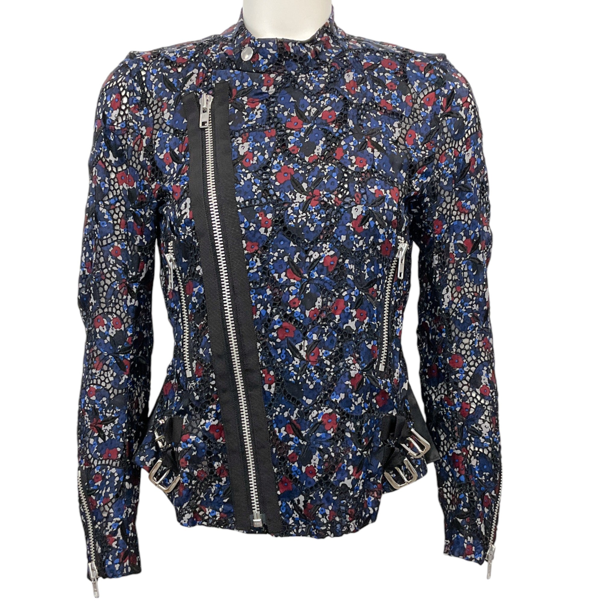 Sacai Blue Multi Floral Eyelet Silk Moto Jacket
