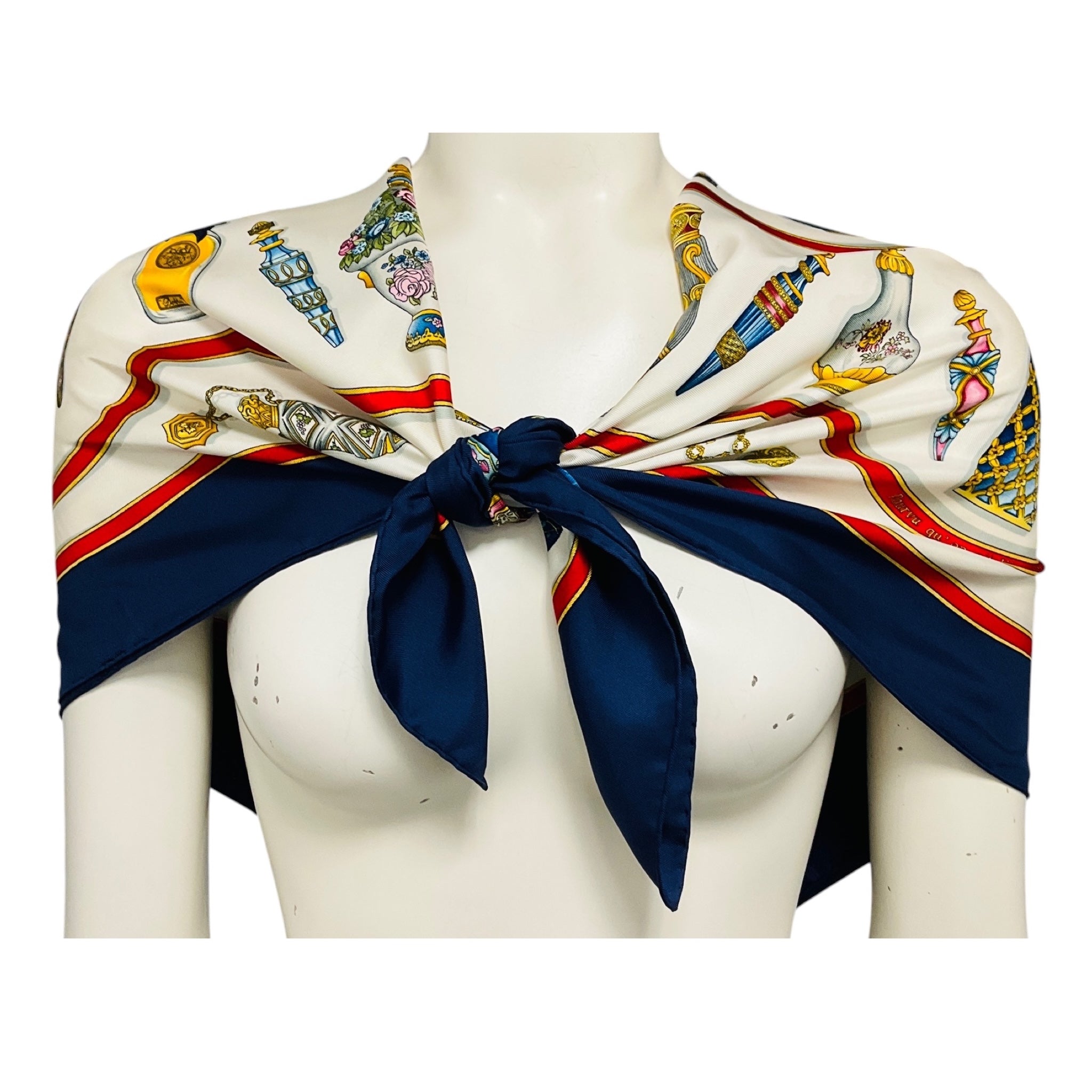 Hermes Navy Blue / White / Red Qu' Importe le Flacon Print Square Silk Twill Scarf