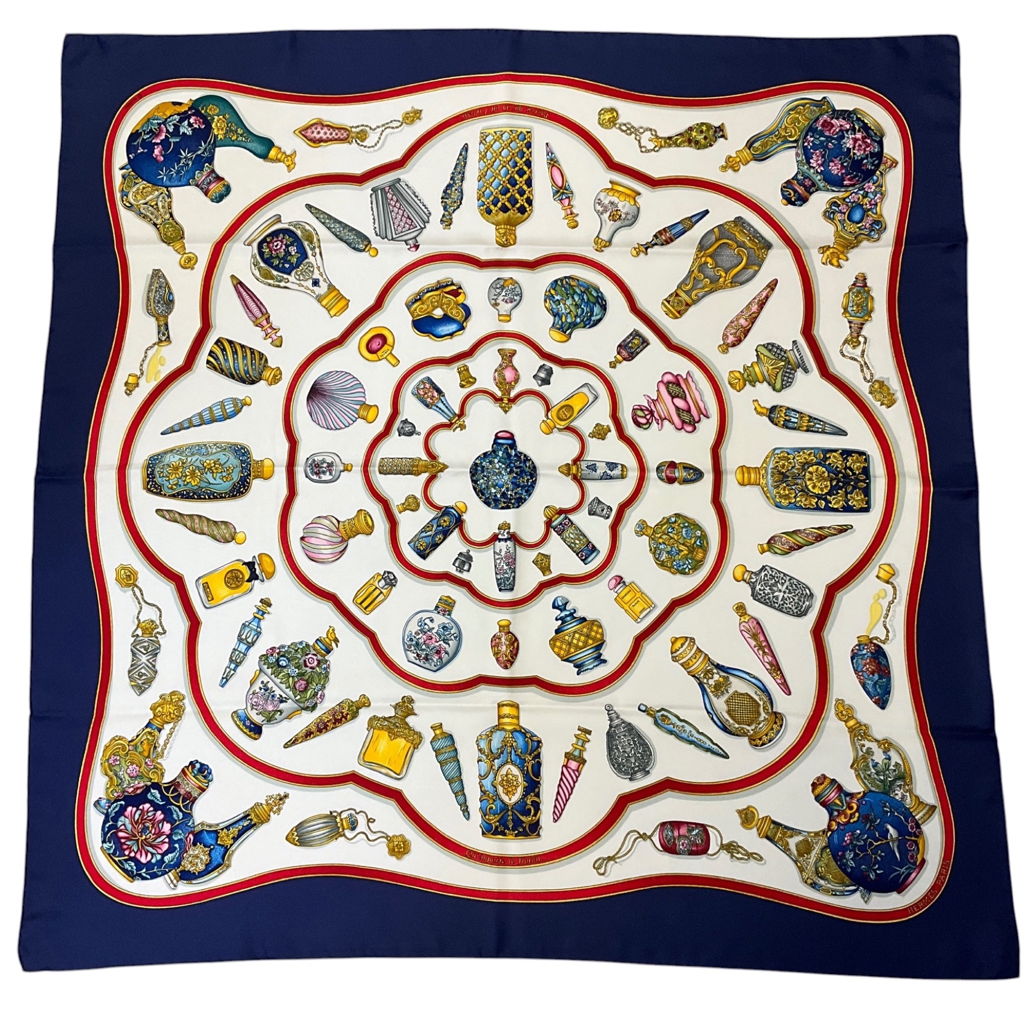 Hermes Navy Blue / White / Red Qu' Importe le Flacon Print Square Silk Twill Scarf