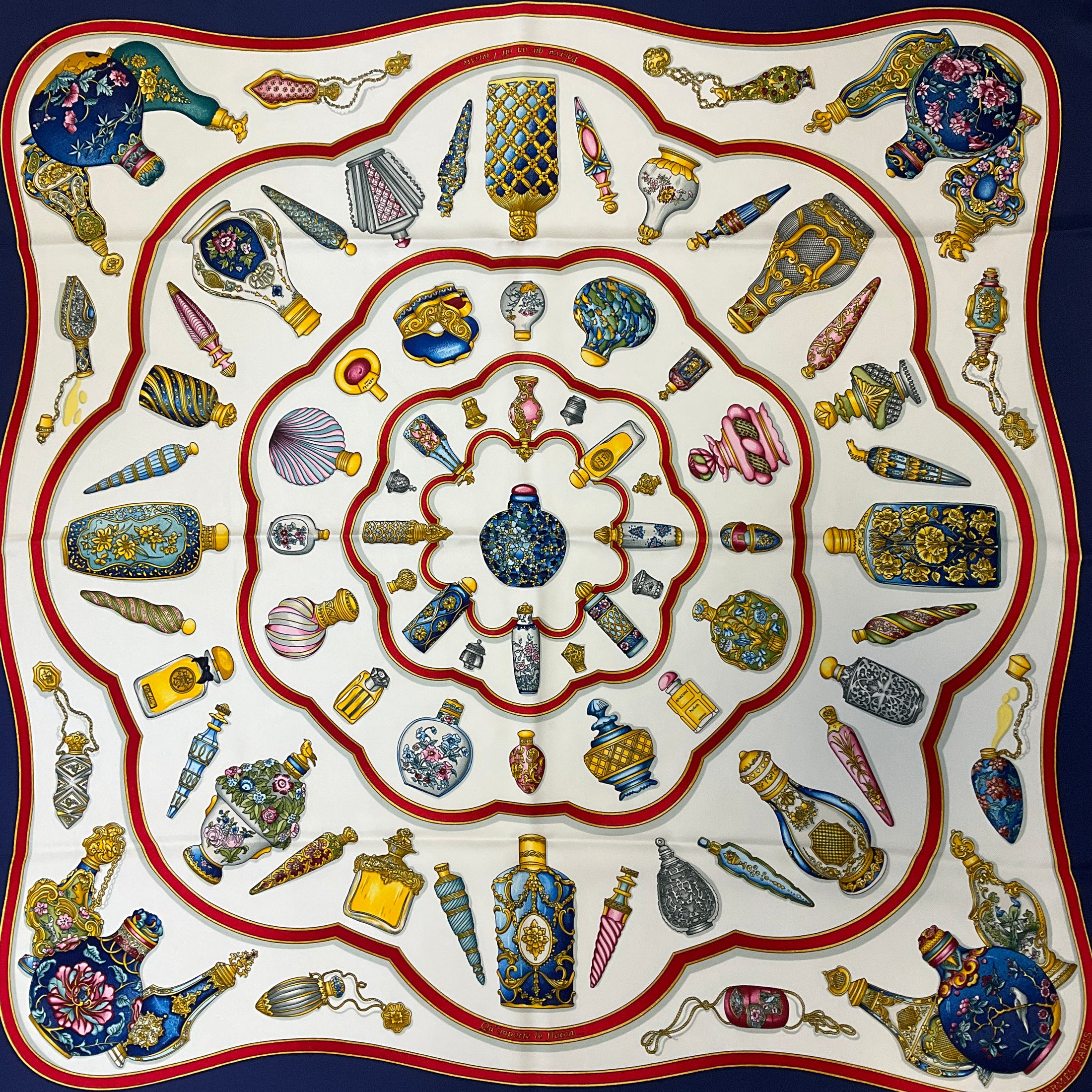 Hermes Navy Blue / White / Red Qu' Importe le Flacon Print Square Silk Twill Scarf