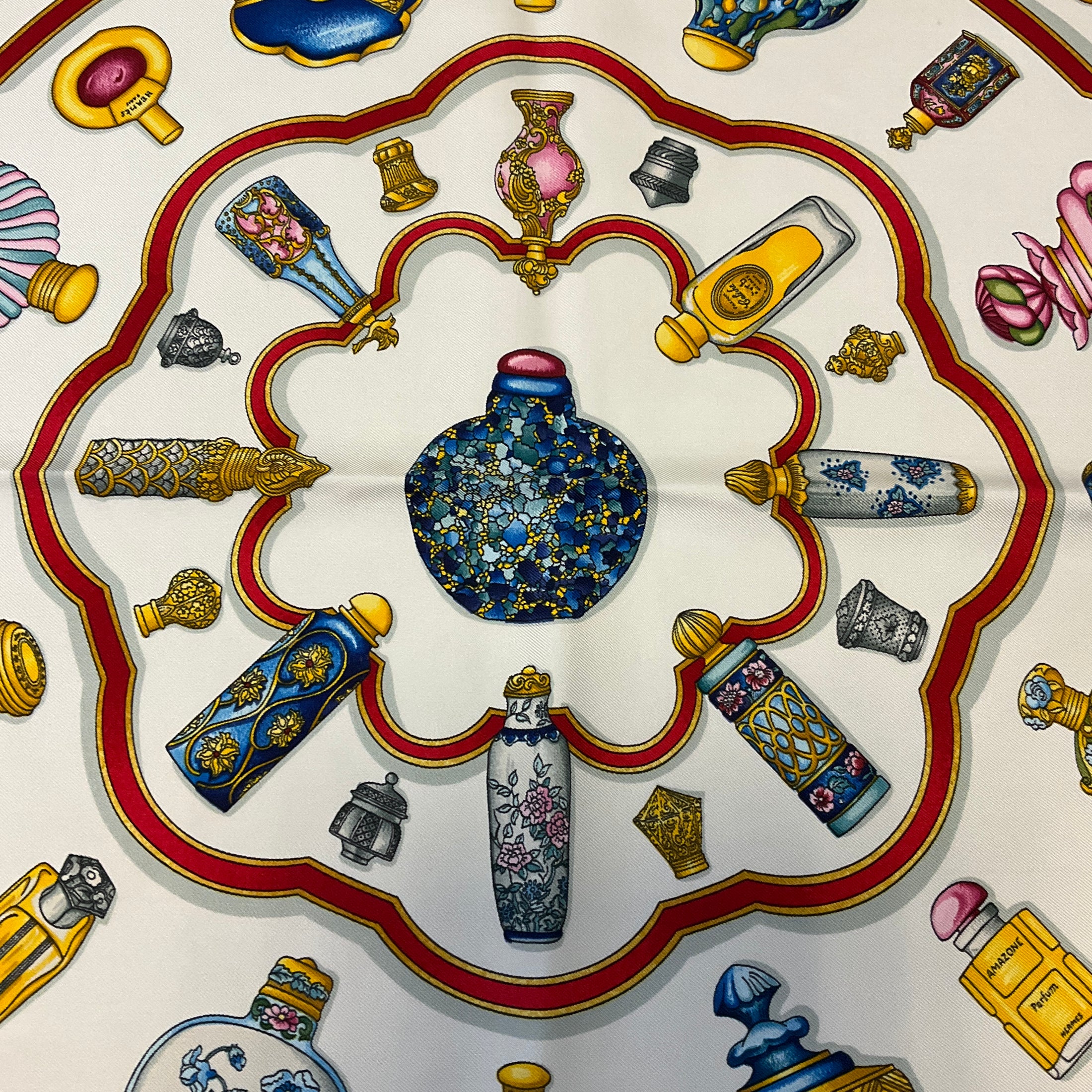 Hermes Navy Blue / White / Red Qu' Importe le Flacon Print Square Silk Twill Scarf