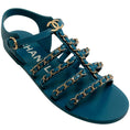 Load image into Gallery viewer, Chanel Teal Leather Flat Gladiator Sandals with Chain

