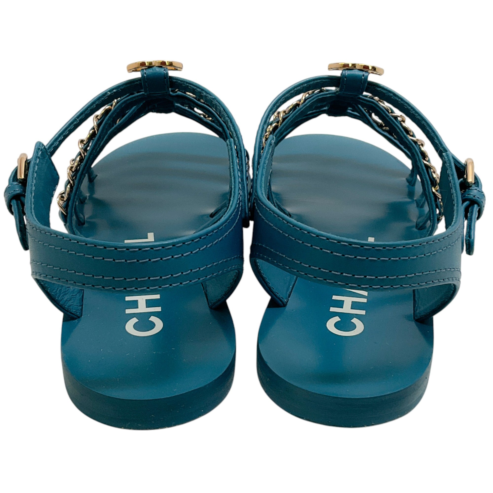 Chanel Teal Leather Flat Gladiator Sandals with Chain