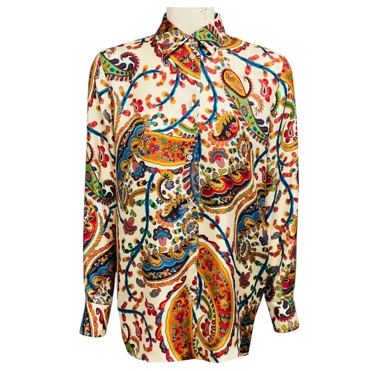 Etro Ivory Multi Floral Paisley Motif Silk Twill Shirt