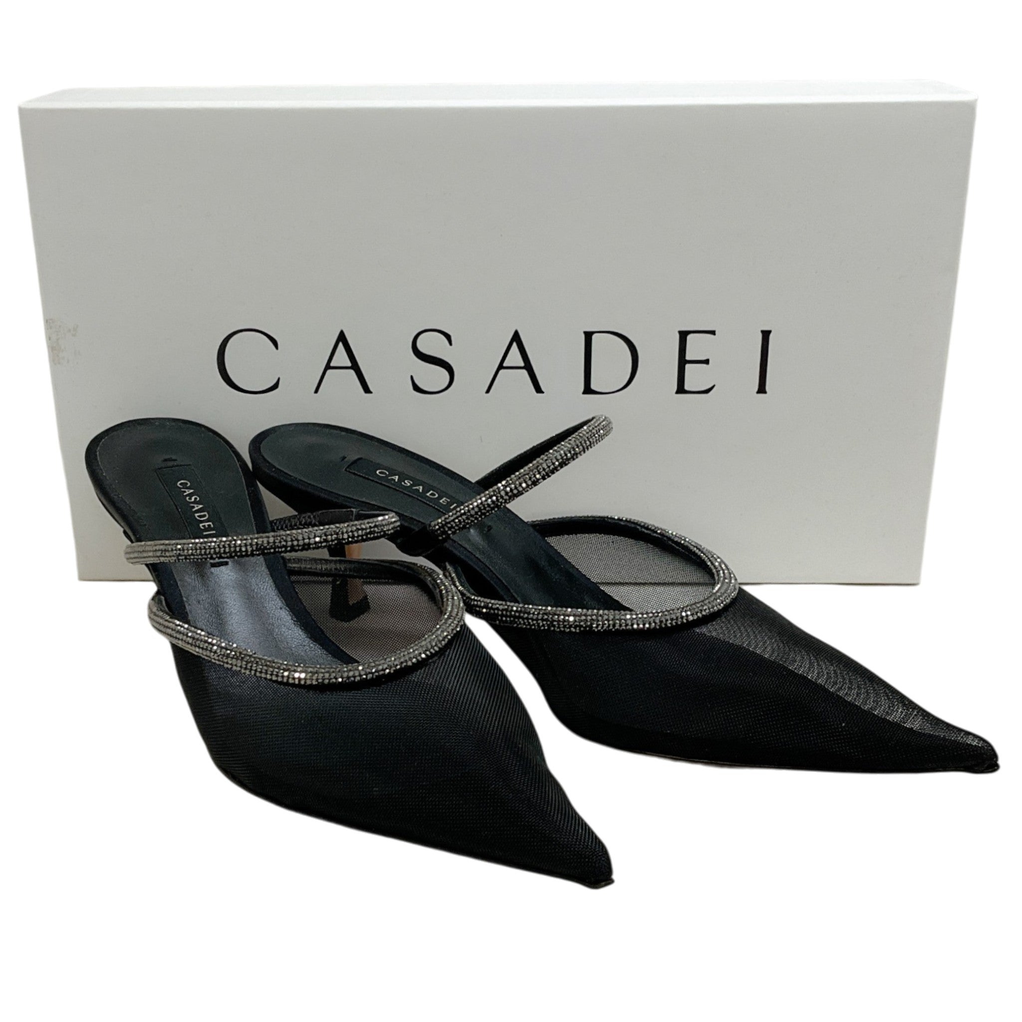 Casadei Black Mesh Mimi Mules with Crystals