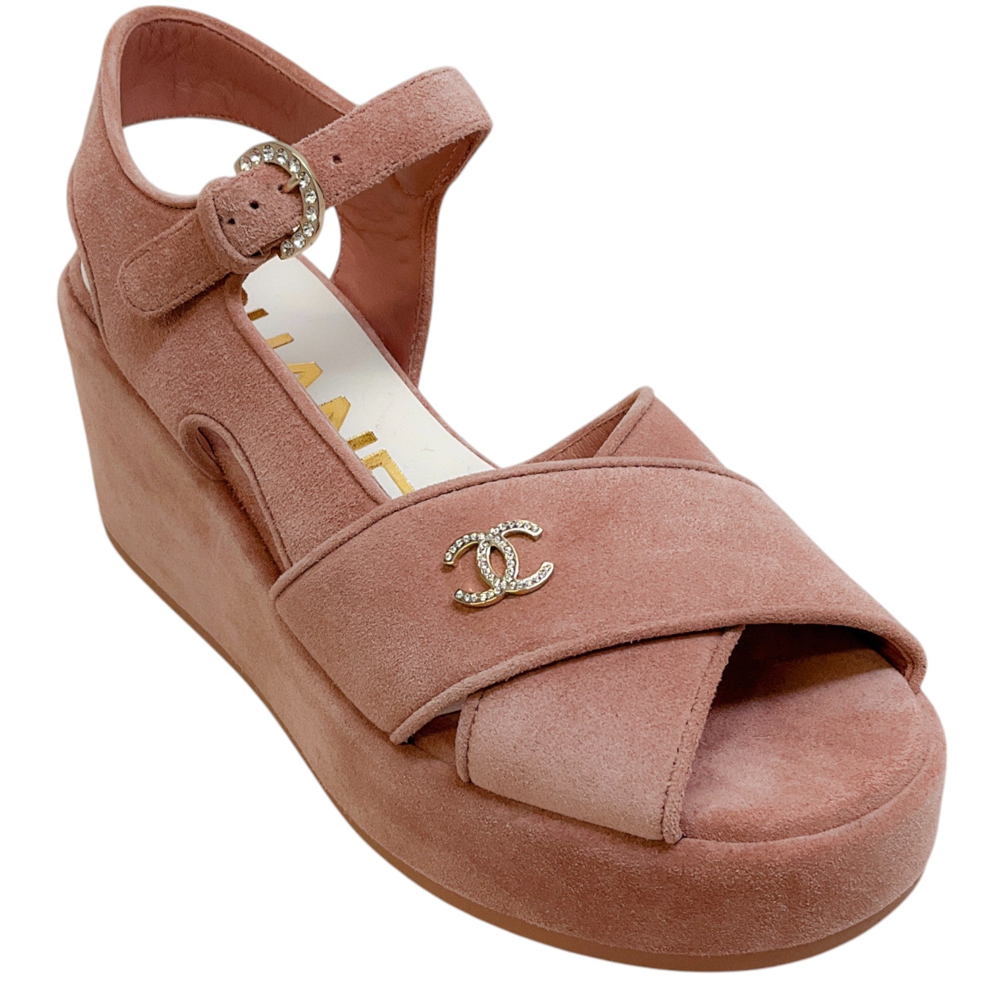 Chanel Light Pink Suede Criss Cross Wedge Sandals
