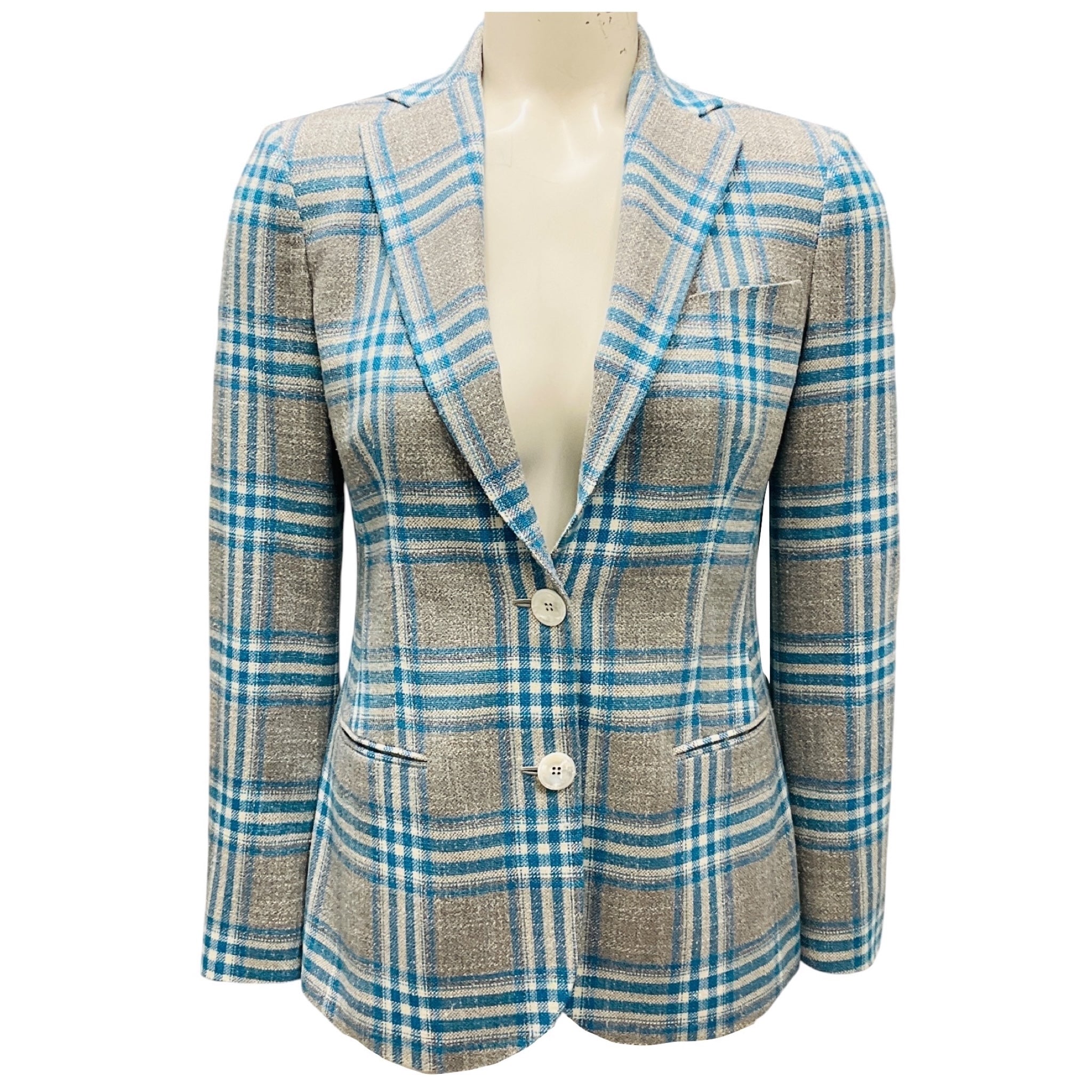 Kiton Grey / Blue Plaid Wool Blazer