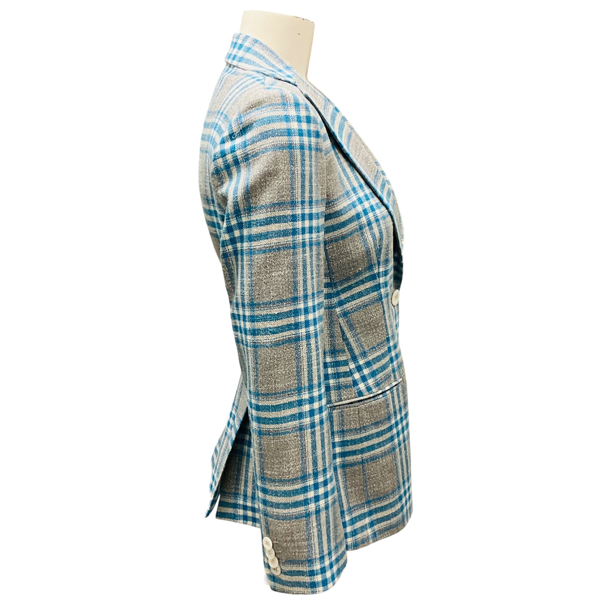 Kiton Grey / Blue Plaid Wool Blazer