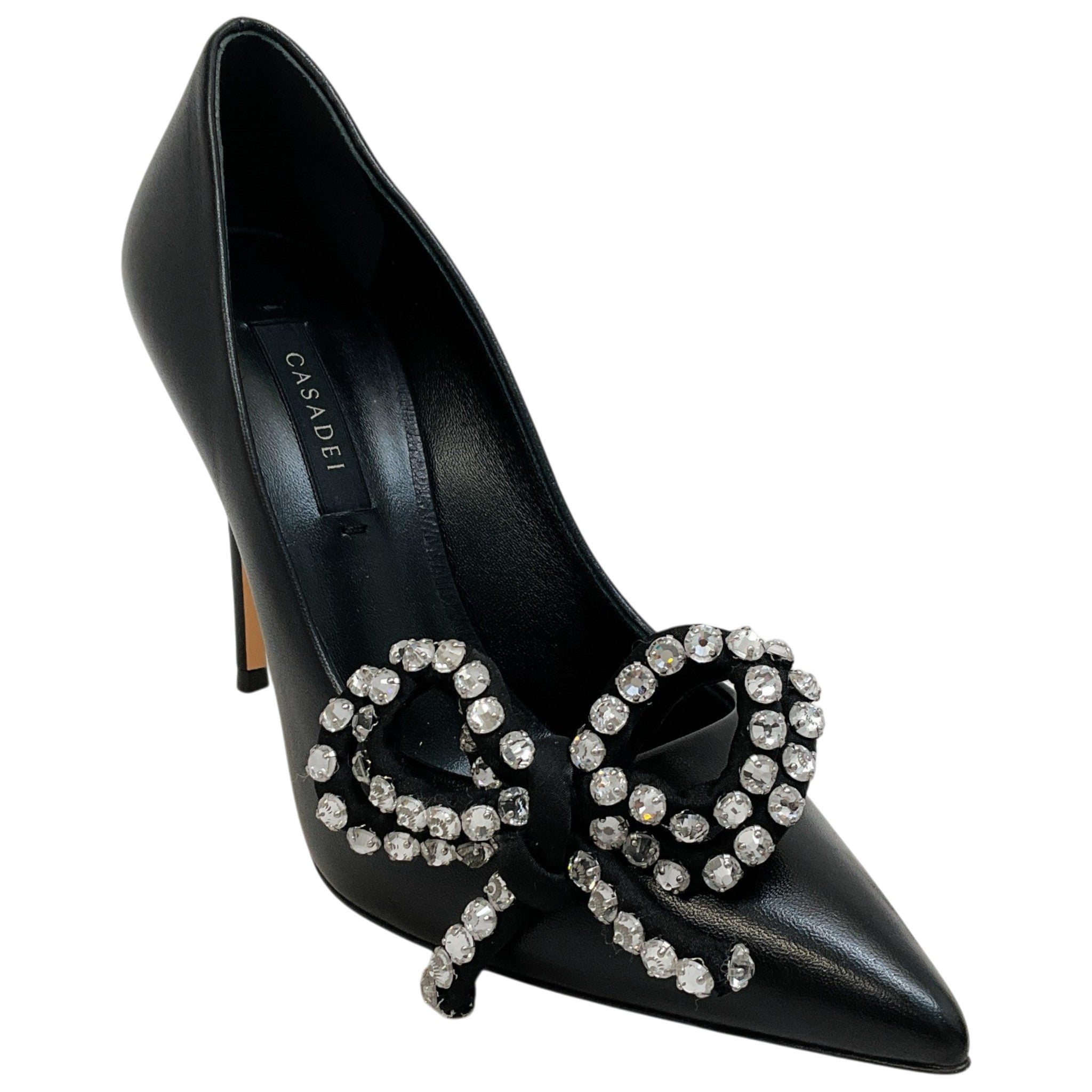 Casadei Black Leather Judith Julia Pumps with Rhinestone Bow
