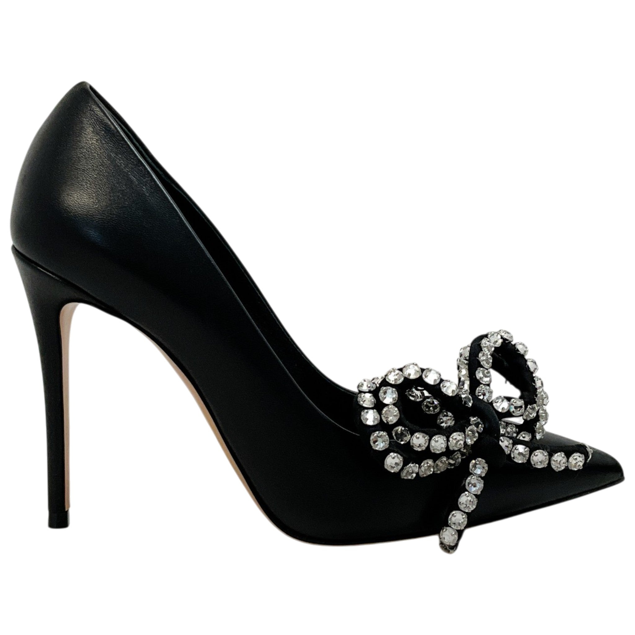 Casadei Black Leather Judith Julia Pumps with Rhinestone Bow