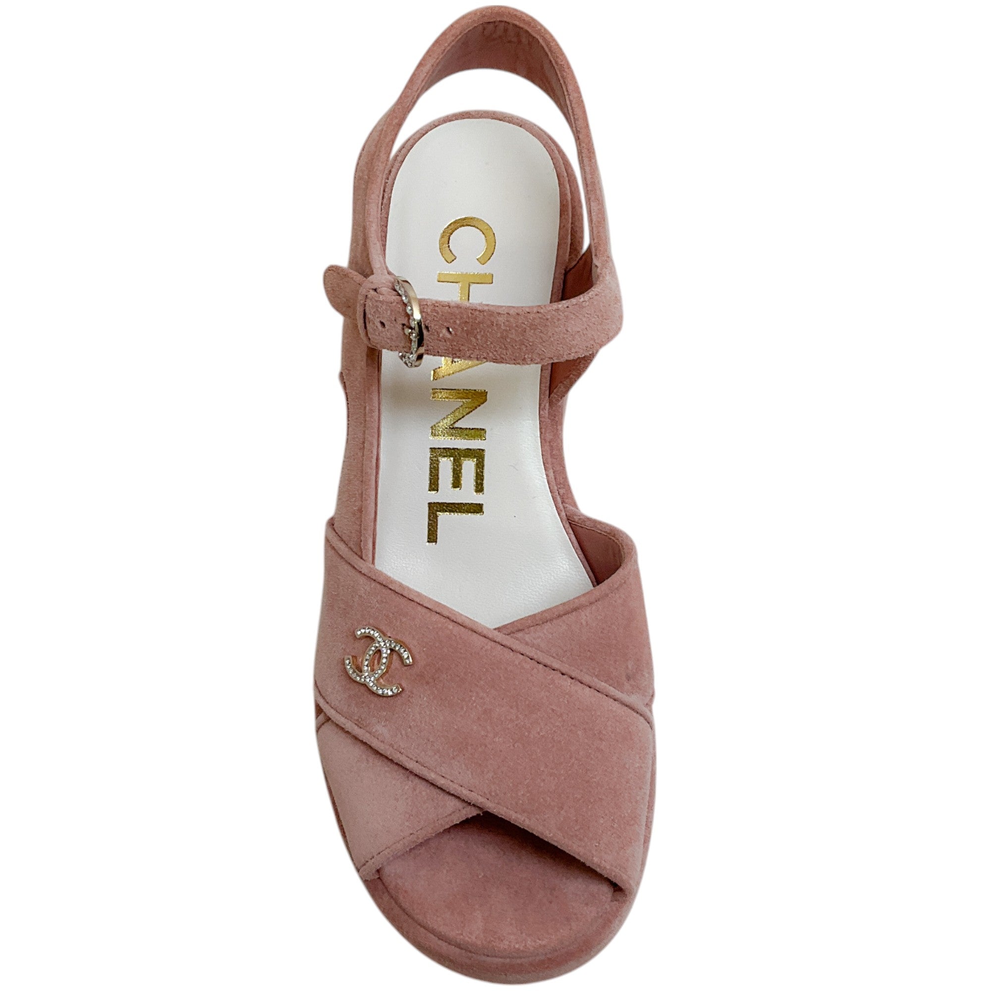 Chanel Light Pink Suede Criss Cross Wedge Sandals