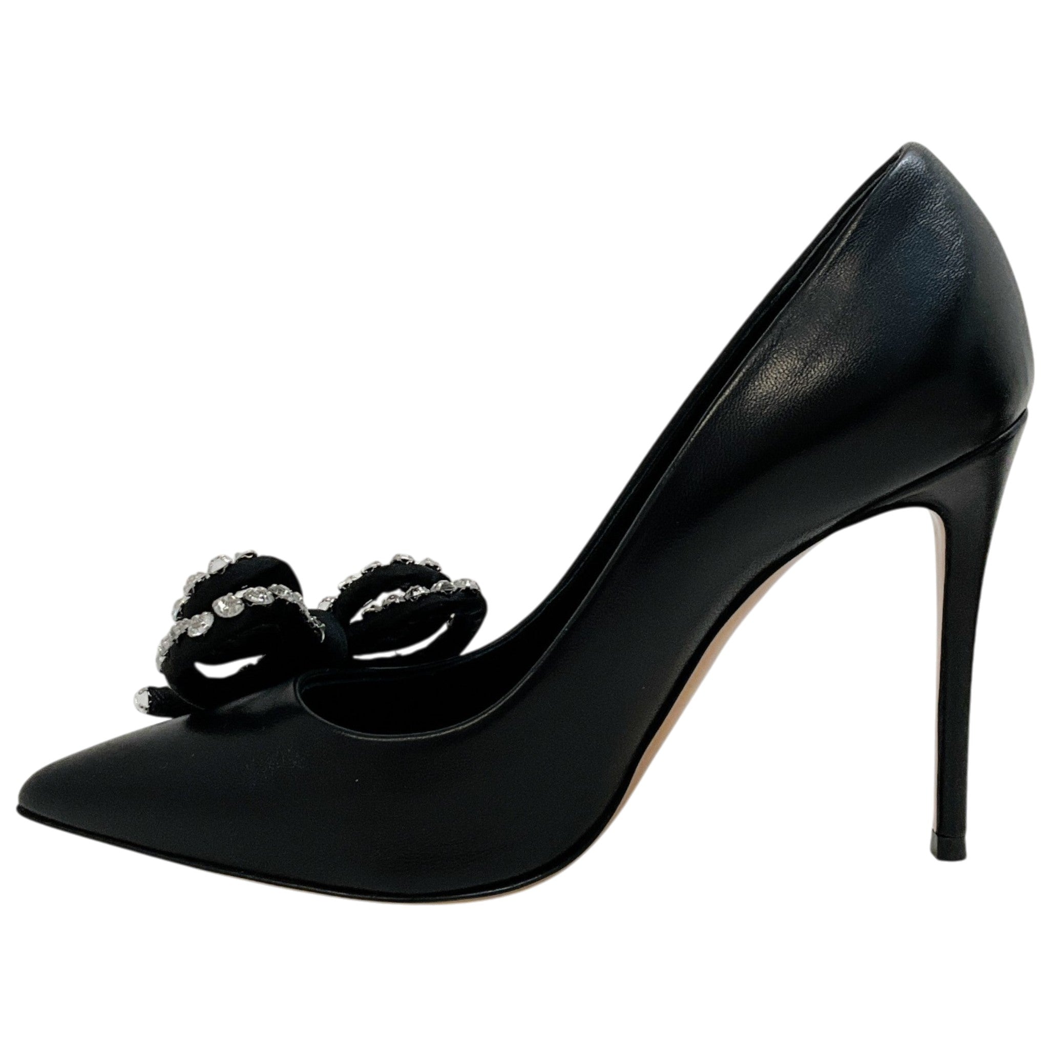 Casadei Black Leather Judith Julia Pumps with Rhinestone Bow