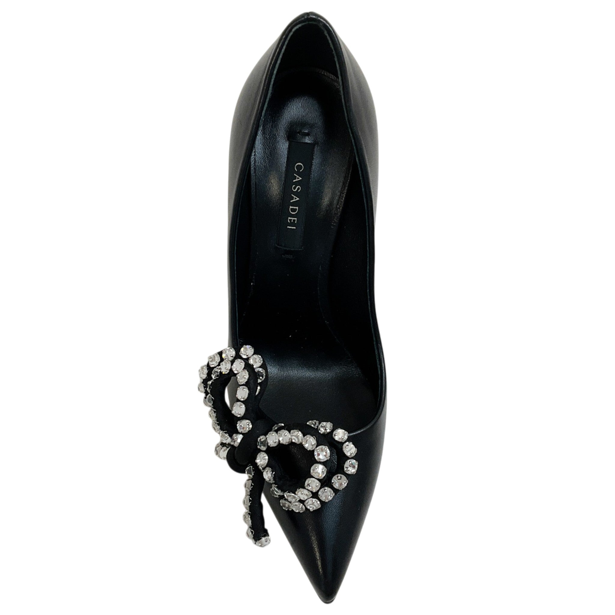 Casadei Black Leather Judith Julia Pumps with Rhinestone Bow