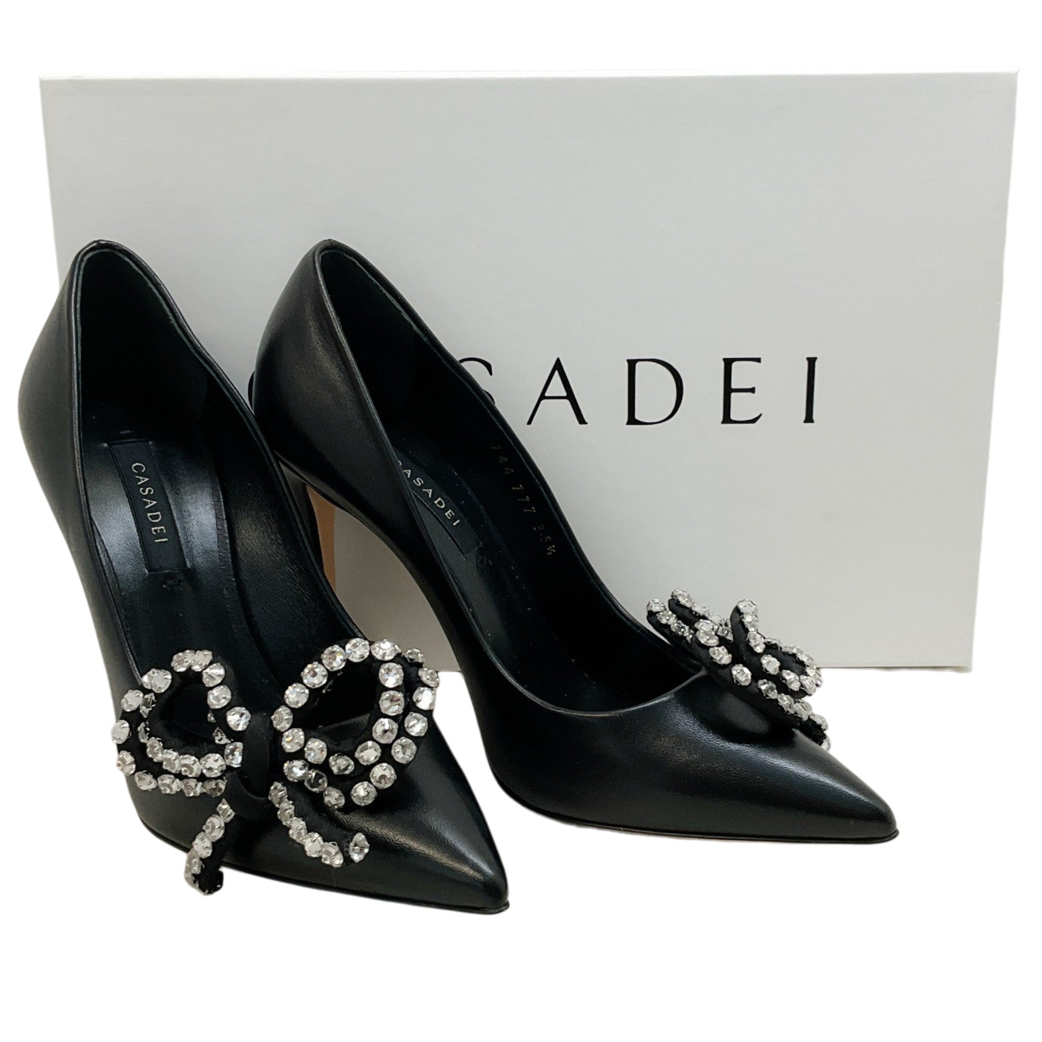 Casadei Black Leather Judith Julia Pumps with Rhinestone Bow