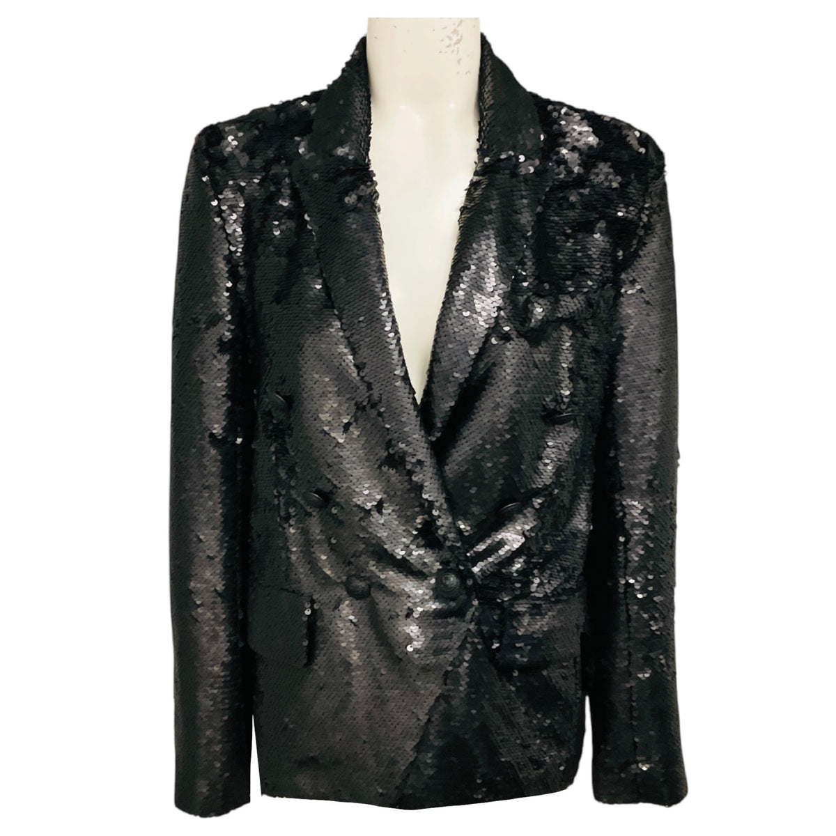 L'Agence Matte Black Kenzie Double Breasted Sequin Blazer 
