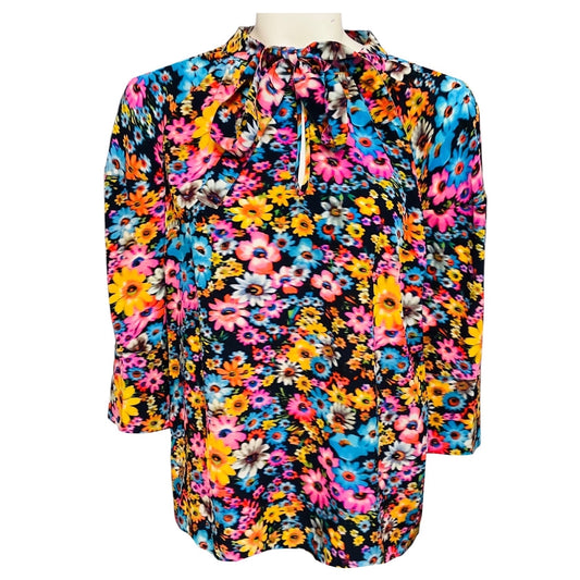 Stella McCartney Black / Pink Multi Tie Neck Floral Printed Silk Blouse