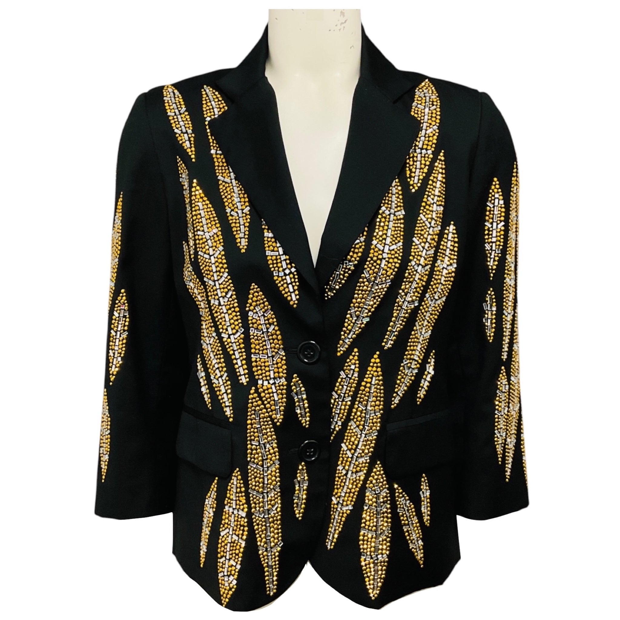 Libertine Black / Silver / Gold Rhinestone Embellished Leaf Design Wool Gabardine Blazer
