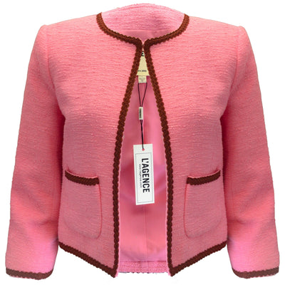 L'Agence Alexandria Pink / Burgundy Ribbon Trimmed Cropped Tweed Jacket in Rose Bloom