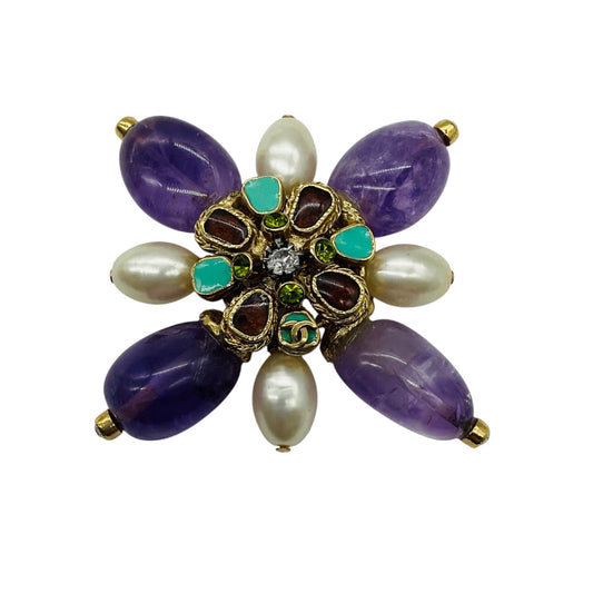 Chanel 2005 Purple / Turquoise / Rhinestone / Pearl Stone Embellished CC Logo Brooch