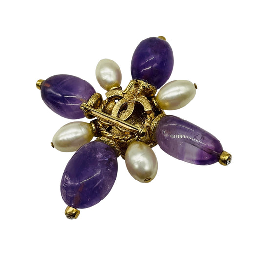 Chanel 2005 Purple / Turquoise / Rhinestone / Pearl Stone Embellished CC Logo Brooch