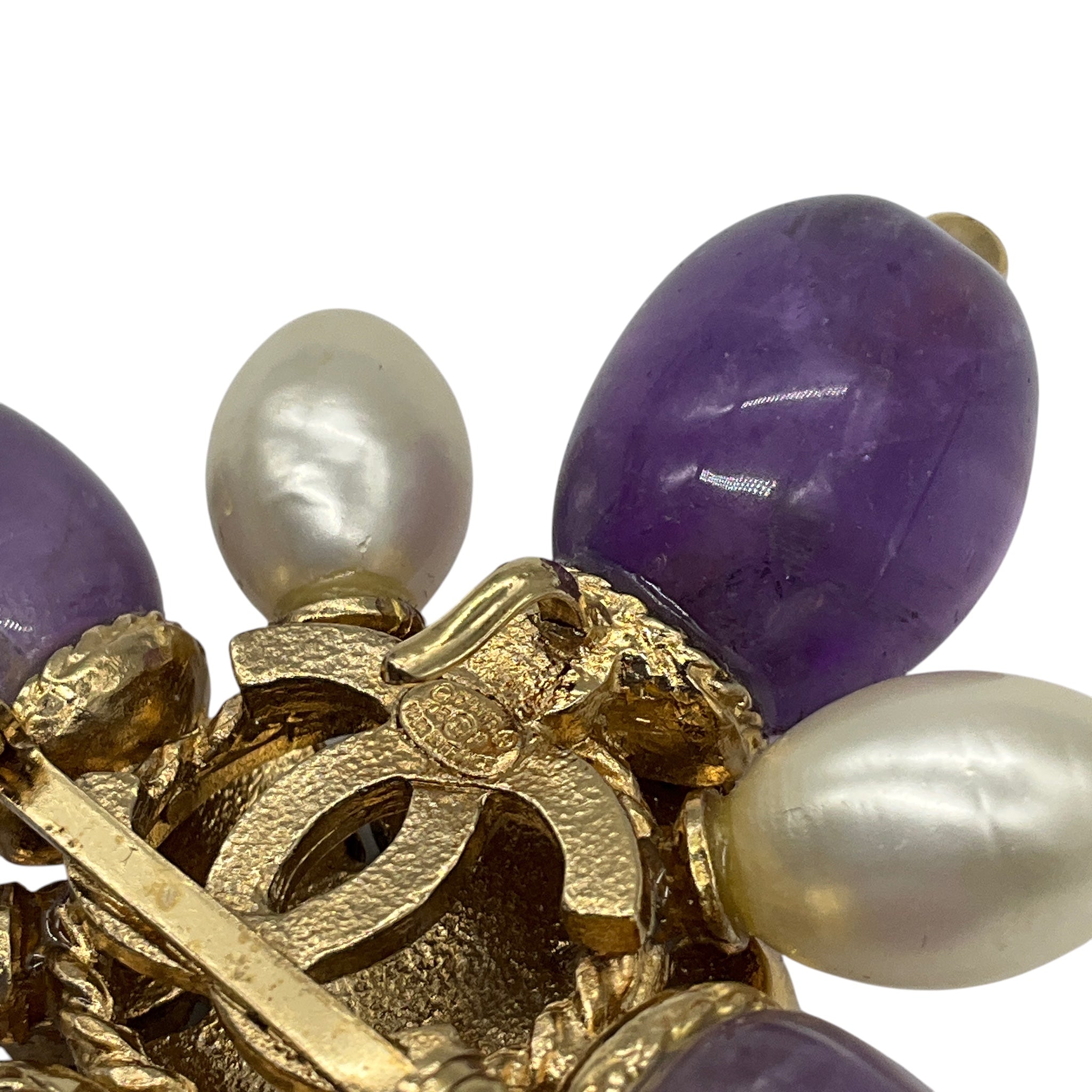 Chanel 2005 Purple / Turquoise / Rhinestone / Pearl Stone Embellished CC Logo Brooch