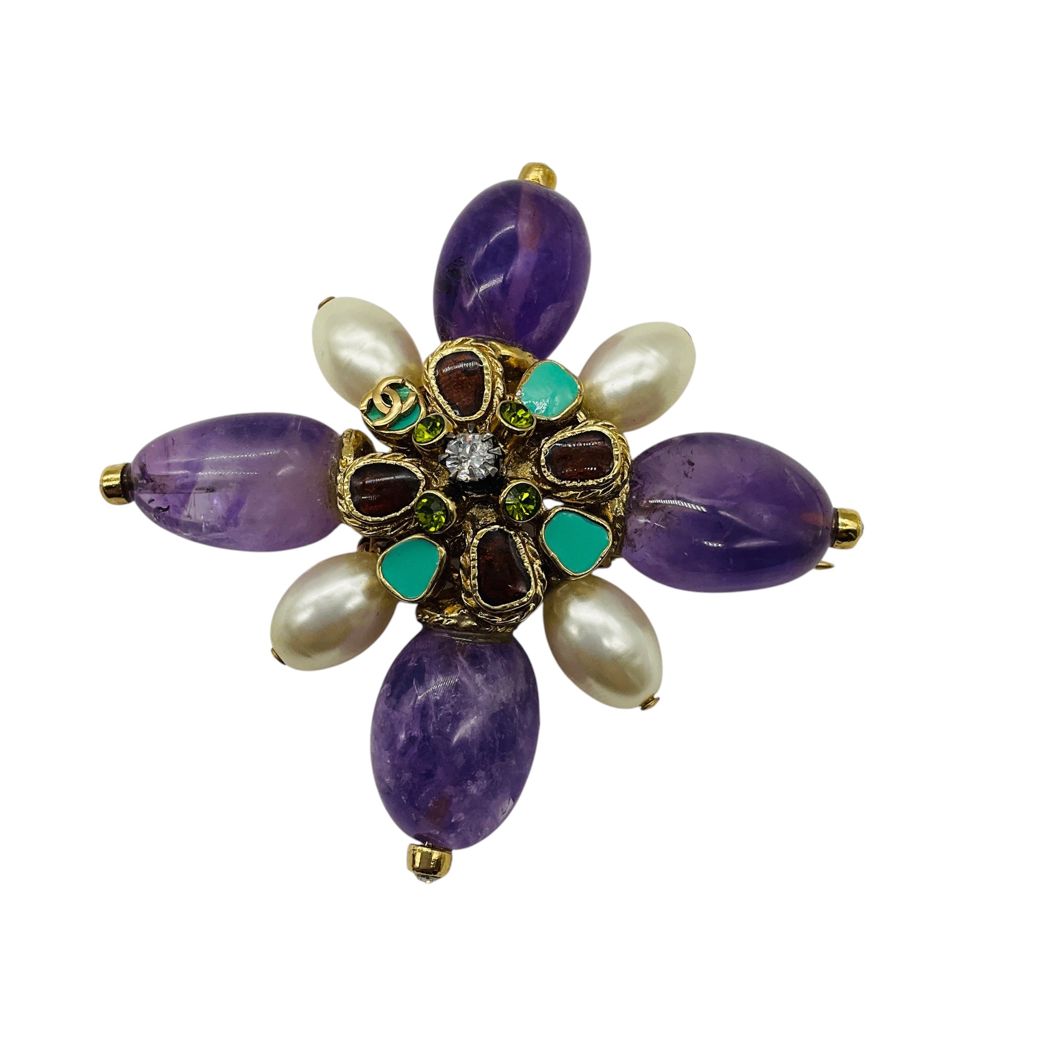 Chanel 2005 Purple / Turquoise / Rhinestone / Pearl Stone Embellished CC Logo Brooch