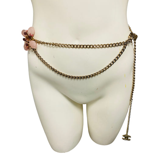 Chanel RARE 2005 Rose Quartz Stone Embellished CC Logo Pendant Gold Chain Belt