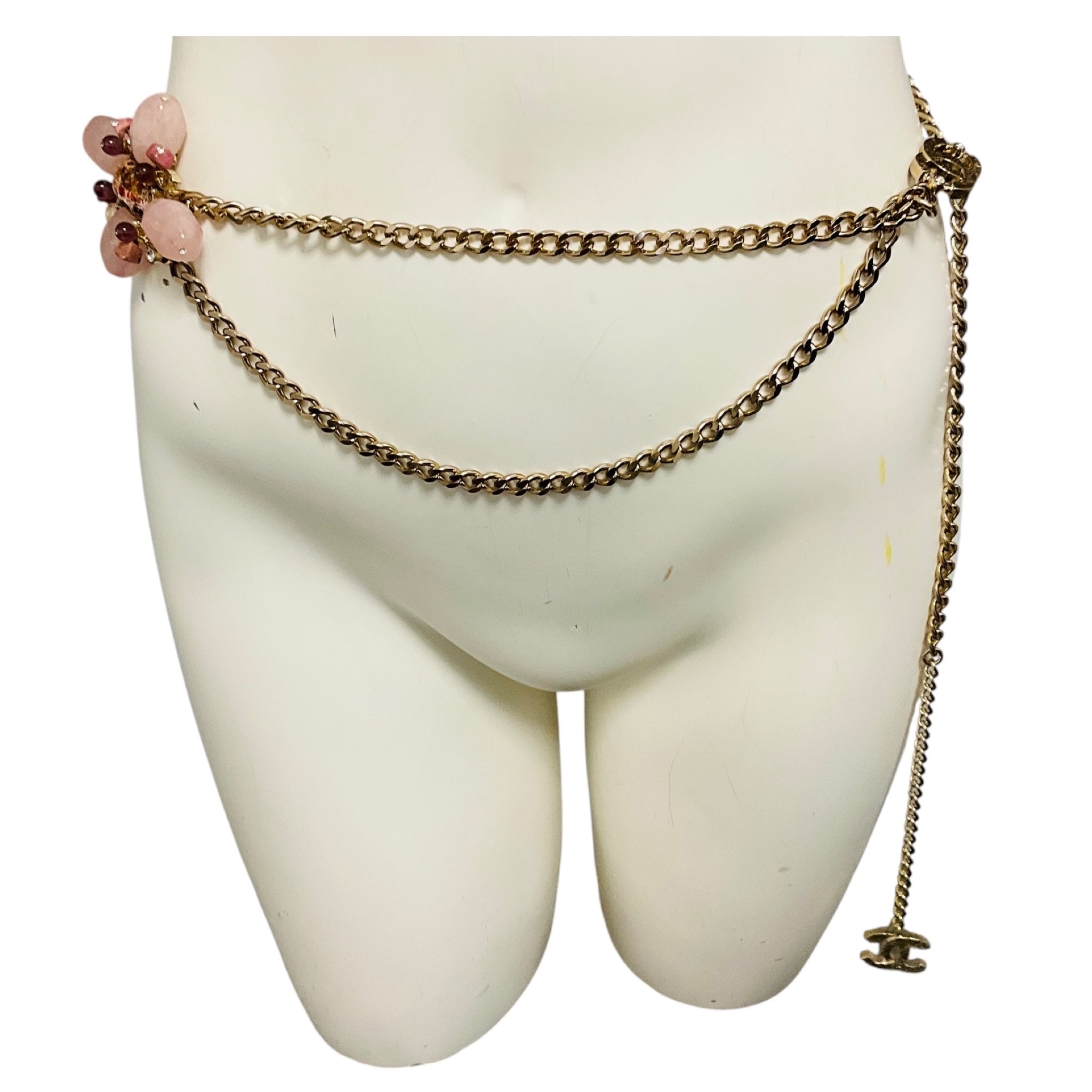 Chanel RARE 2005 Rose Quartz Stone Embellished CC Logo Pendant Gold Chain Belt