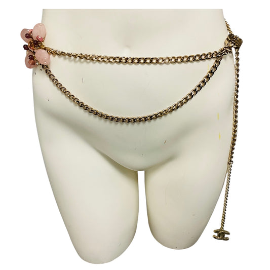 Chanel RARE 2005 Rose Quartz Stone Embellished CC Logo Pendant Gold Chain Belt