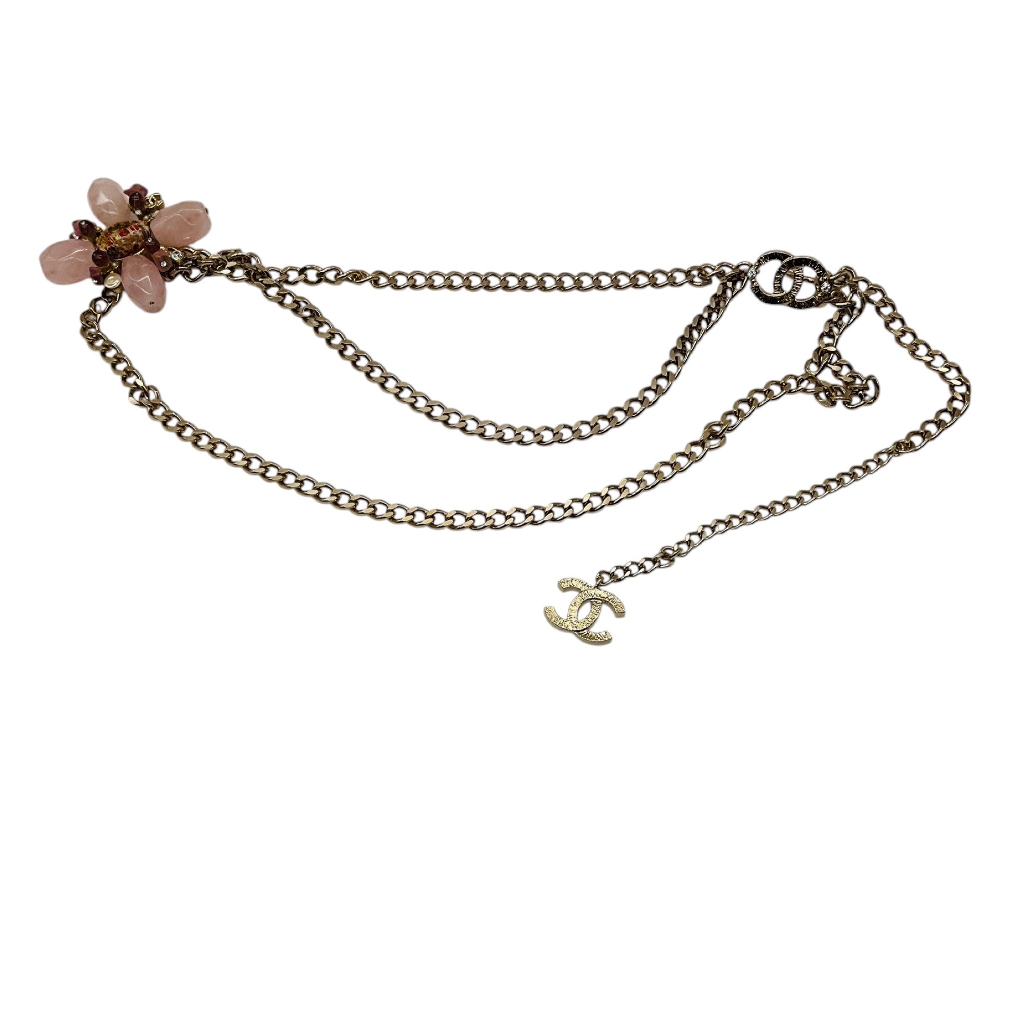 Chanel RARE 2005 Rose Quartz Stone Embellished CC Logo Pendant Gold Chain Belt